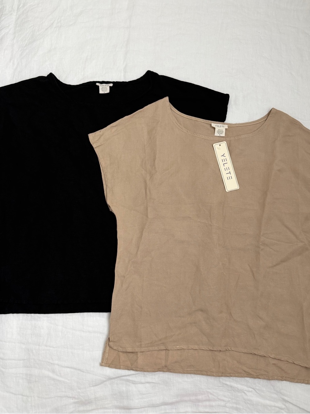 Yelete Beige and Black Linen-Blend Scoop Neck Top